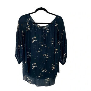 Club Monaco Women’s 3/4 Sleeve Navy 100% Silk Sheer Floral Blouse Size M GUC